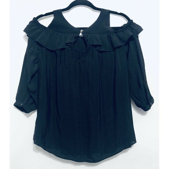 Anthropologie Maeve Womens Size 2 Mavra Black Cold Shoulder Ruffle Blouse Boho - Picture 3 of 5
